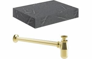 Constant 600mm Wall Hung Grey Marble Basin Shelf & Brushed Brass Bottle Trap