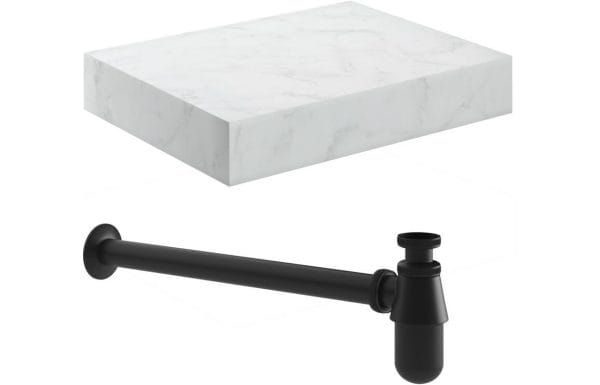 Constant 600mm Wall Hung White Marble Basin Shelf & Black Bottle Trap