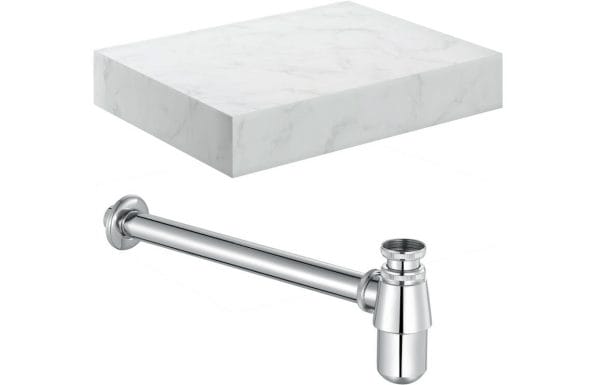 Constant 600mm Wall Hung White Marble Basin Shelf & Chrome Bottle Trap