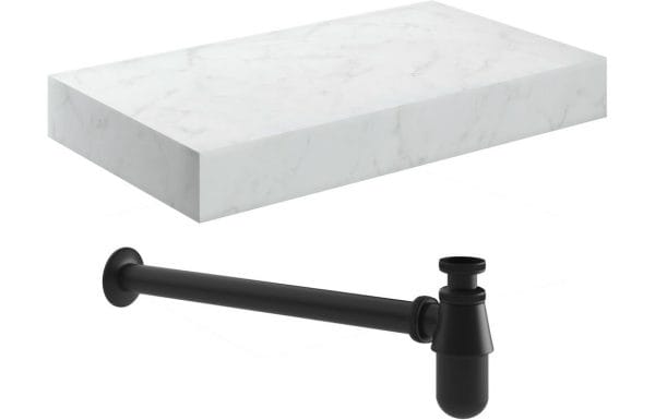 Constant 800mm Wall Hung White Marble Basin Shelf & Black Bottle Trap